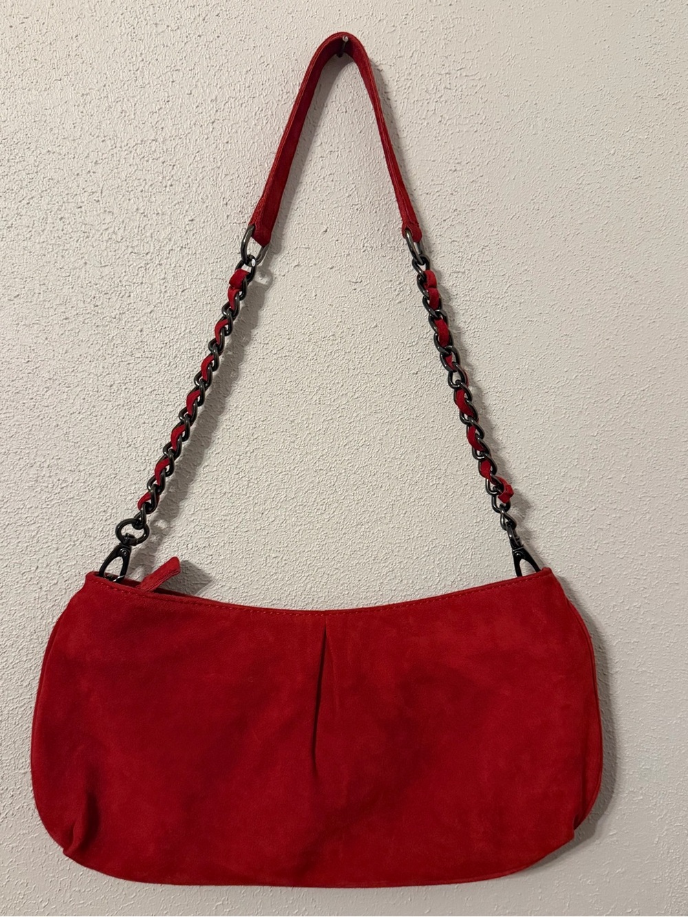 Sondra Roberts Red Suede Shoulder Bag with Black Chain Strap